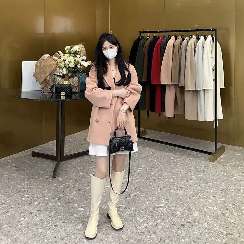 Rose Real Wool Coats Jackets Women Simple Versatile Cashmere Double Breasted High-Grade Woolen Coat Long Sleeves 2023