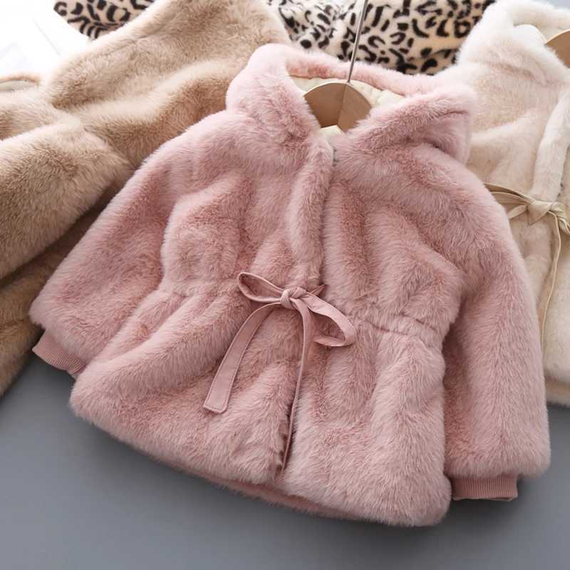 2-9T Winter Childrens Coat Autumn Solid Color Warm Artificial Fur Hooded Cardigan Girls Childrens Princess Coat Plush Clothing W241023
