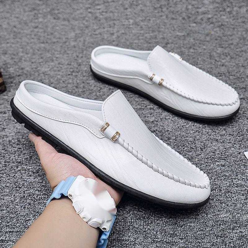Men Dress Shoes Summer British Bean Shoes Mens Half Slippers Lazy One Step Leather Shoes No Back Heel Breathable Mens Casual Shoes 241009