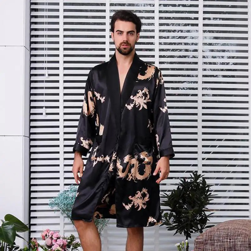 Large size 4XL 5XL mens satin robe set with dragon print 2PCS sleepwear silk sleepwear and robe set for mens casual kimono loose home wear 241023