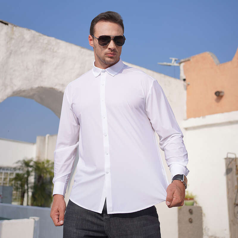 Cross border plus size men's high elasticity solid color long sleeved shirt, spring and autumn new style, fat guy business casual versatile shirt