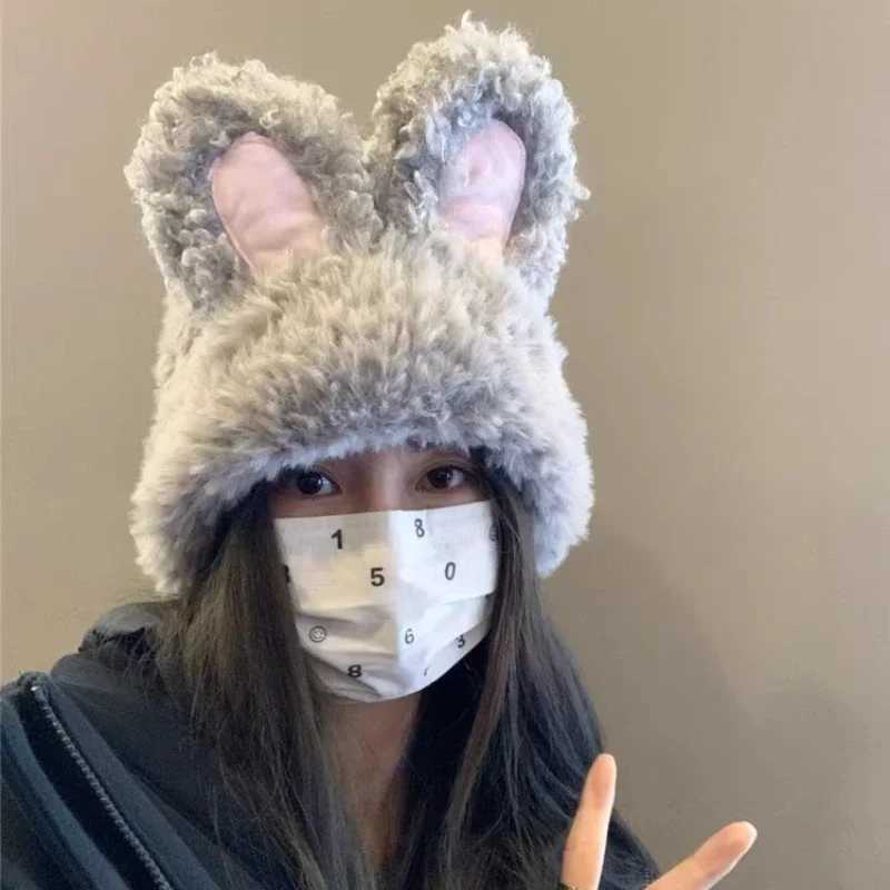 Y2k Rabbit Ear Woolen Hat Cute Girl Winter Beaver Plow Hat Warm Lolita Thick Warm Fun Party Photos Wool Hat X2410231