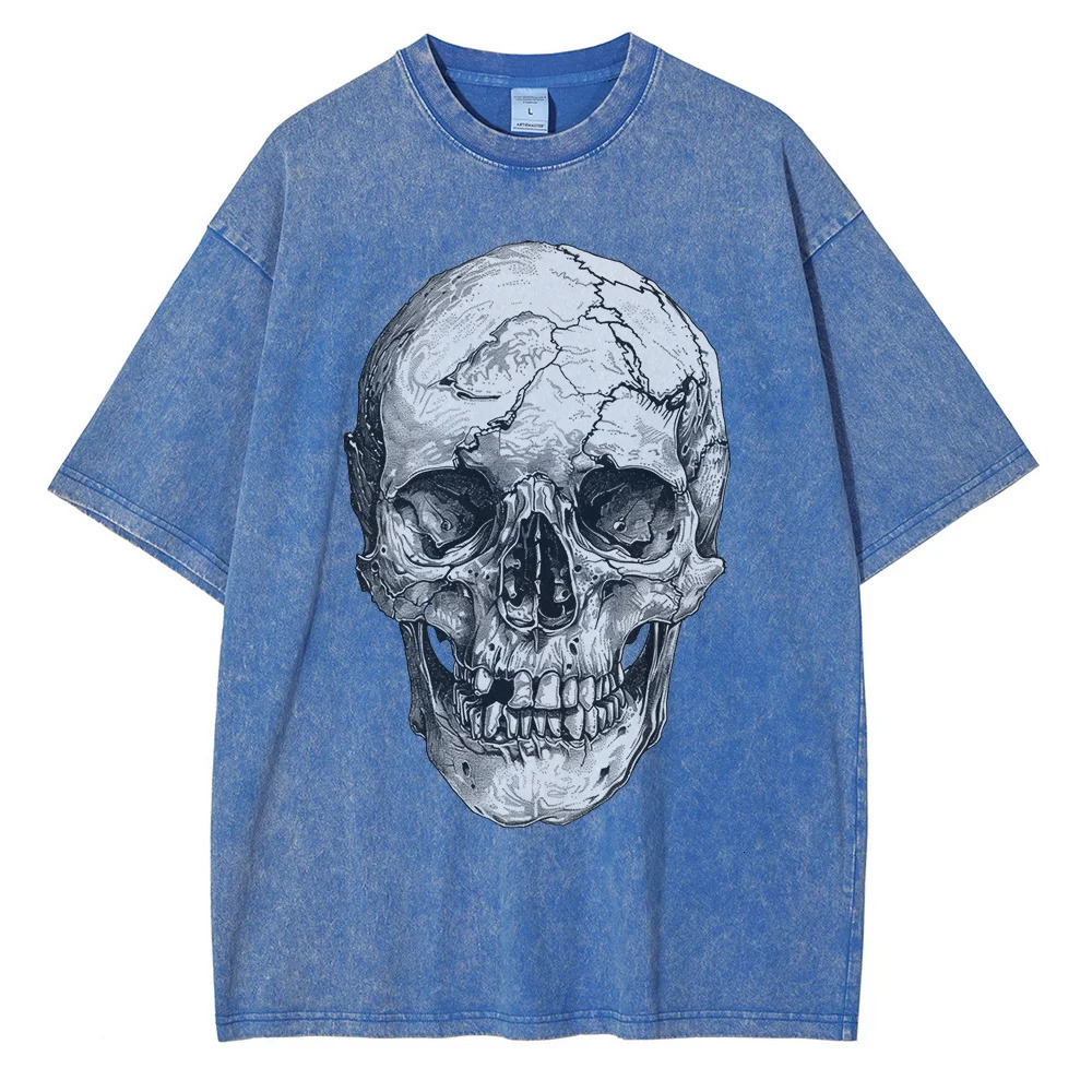 Heavy duty pure cotton washed T-shirt with large head bone printed graphite T-shirt shoulder drop retro oversized T-shirt 241024
