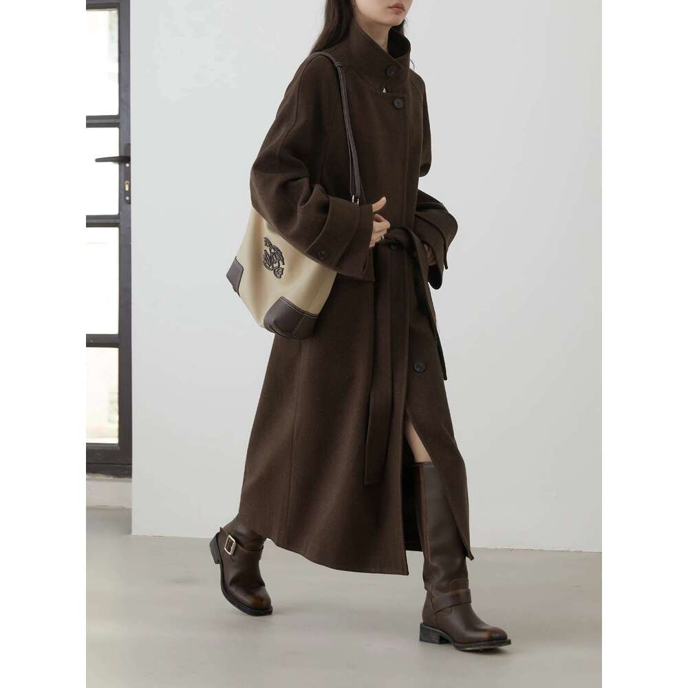 CHIC VEN Women's Overcoat Single Breasted Loose New Long Coat Stand-Up Collar Female Topcoat With Belt Autumn Winter 2024