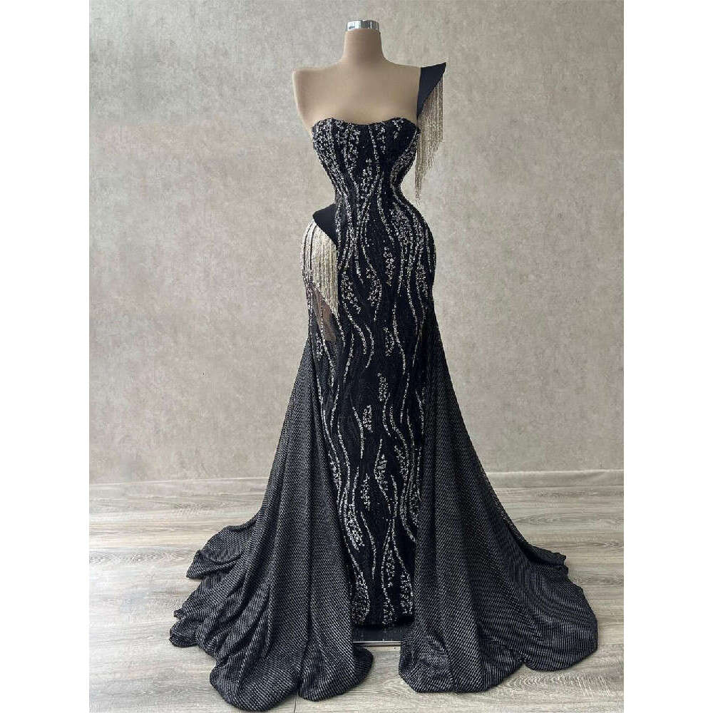 Black Mermaid Evening Bateau Sleeveless Sequins Beaded 3D Lace One Shoulder Tassel Side SlitAppliques Prom Dresses Gowns