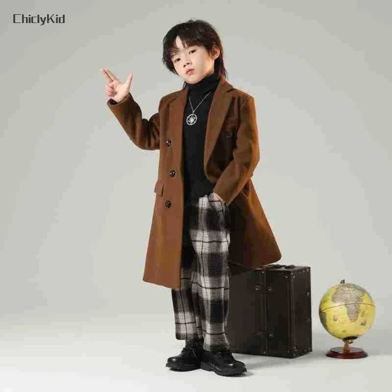 Boys autumn solid fashionable double-layer long wool coat childrens windproof jacket childrens coat thick coat W241023