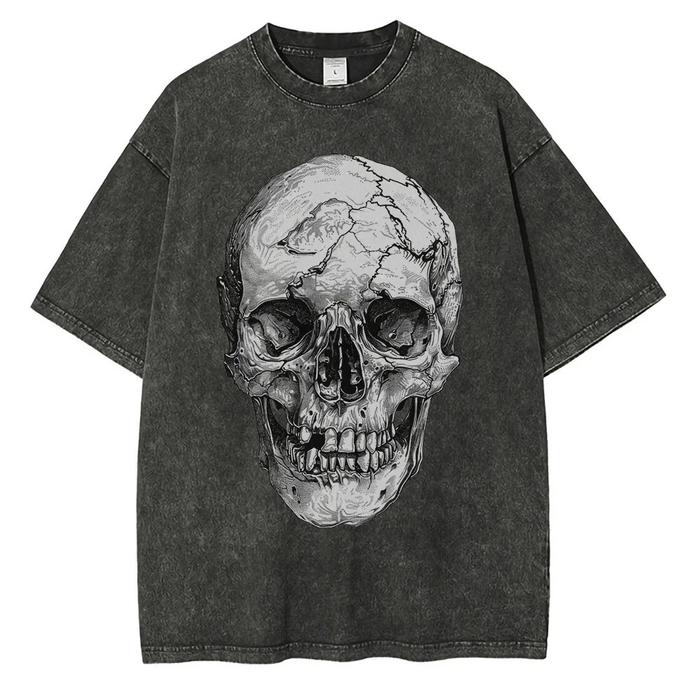 Heavy duty pure cotton washed T-shirt with large head bone printed graphite T-shirt shoulder drop retro oversized T-shirt 241024