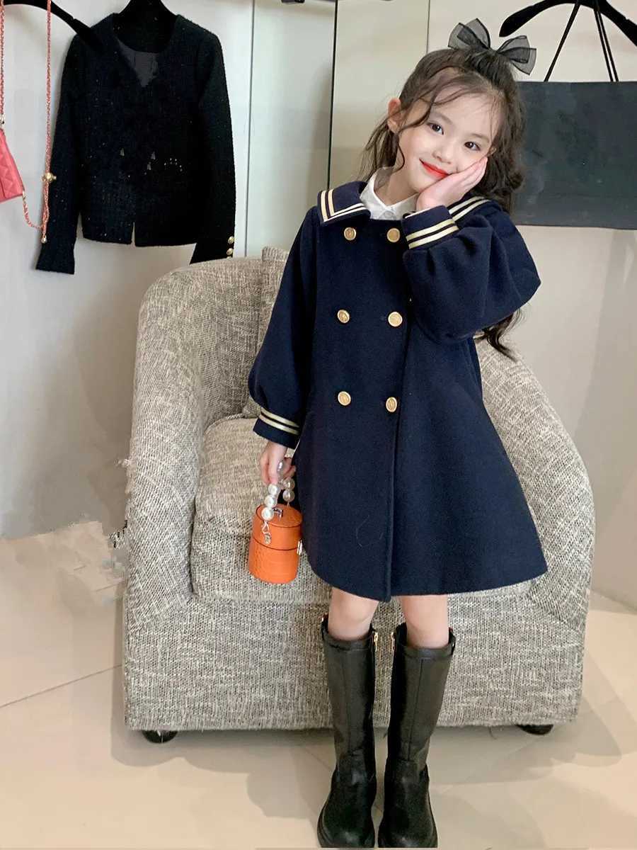 Girls mid length jacket 2023 spring/summer navy blue Sle jacket fashionable double chest clothing for little girls and children W241023