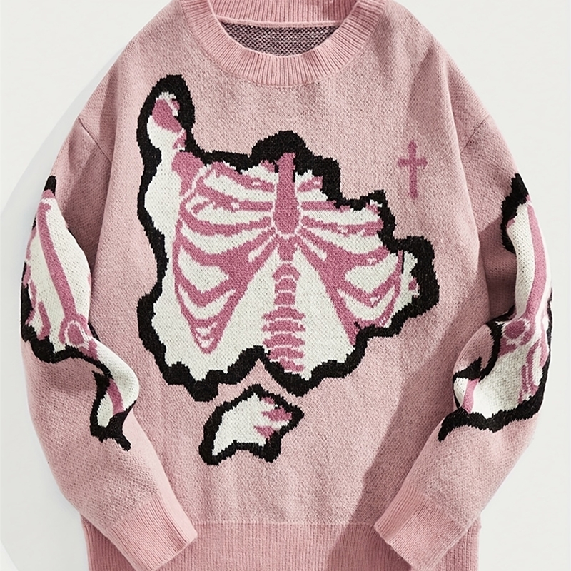 2024 Fashion Explosion Womens Round Neck Pullover Sweater Skull and Cross Print Drop Shoulder 240930