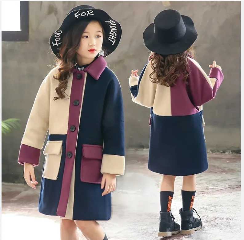 Girls hot selling patch work wool jacket autumn thick warm trench jacket 4-12 years childrens clothing big childrens fashion park W241023