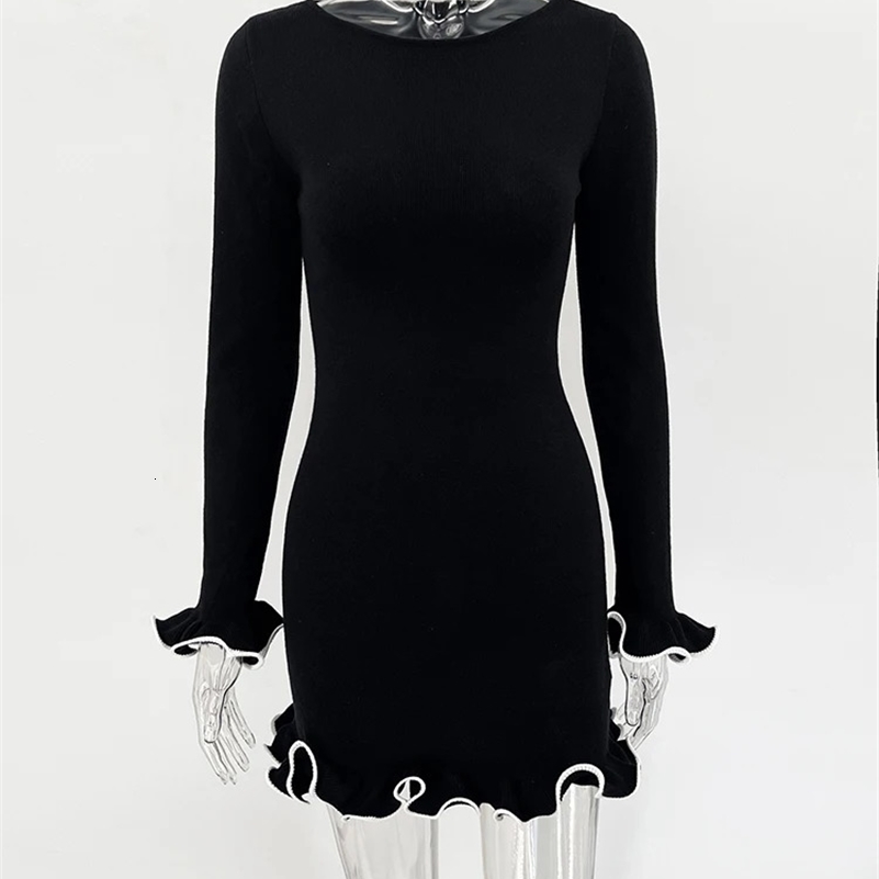 TARUXY Autumn Knitted Mini Dress For Women Fungus Contrast Color Slim Sweater Elegant Female Party Clothes Long Sleeve 241007