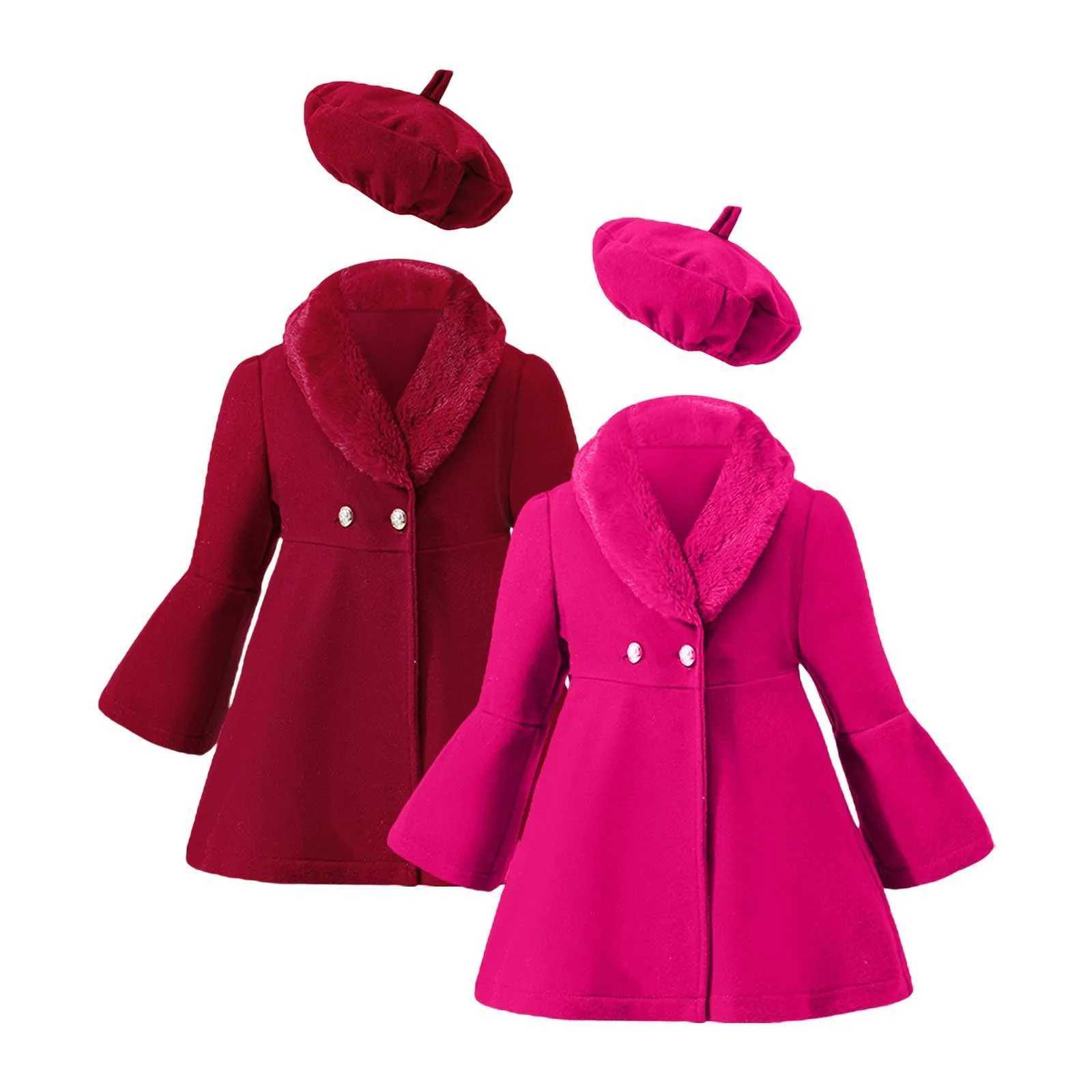 Christmas Preschool Girls Solid Color Patchwork Wool Collar Coat Set Suitable for Winter Warm Jackets for Girls Aged 1 to 6 Comes with 2 Hats W241023