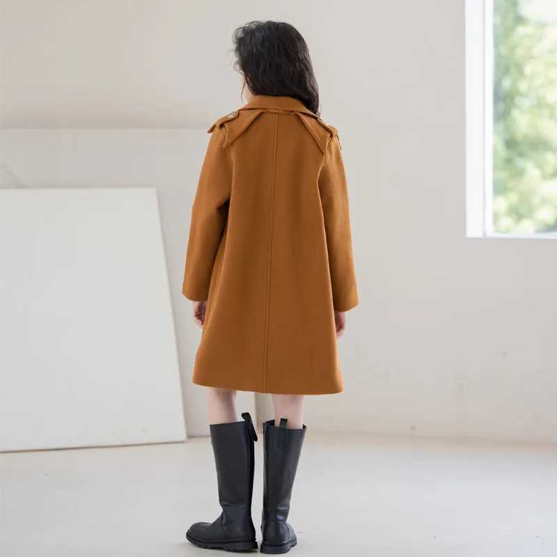 Teen girl wool jacket medium length caramel color casual and fashionable childrens jacket autumn and winter college chiffon childrens jacket W241023