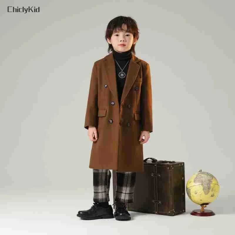 Boys autumn solid fashionable double-layer long wool coat childrens windproof jacket childrens coat thick coat W241023