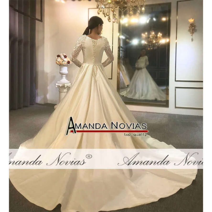 Simple Elegant Plain Satin Wedding Dress With Long Sleeves Real Work Photo