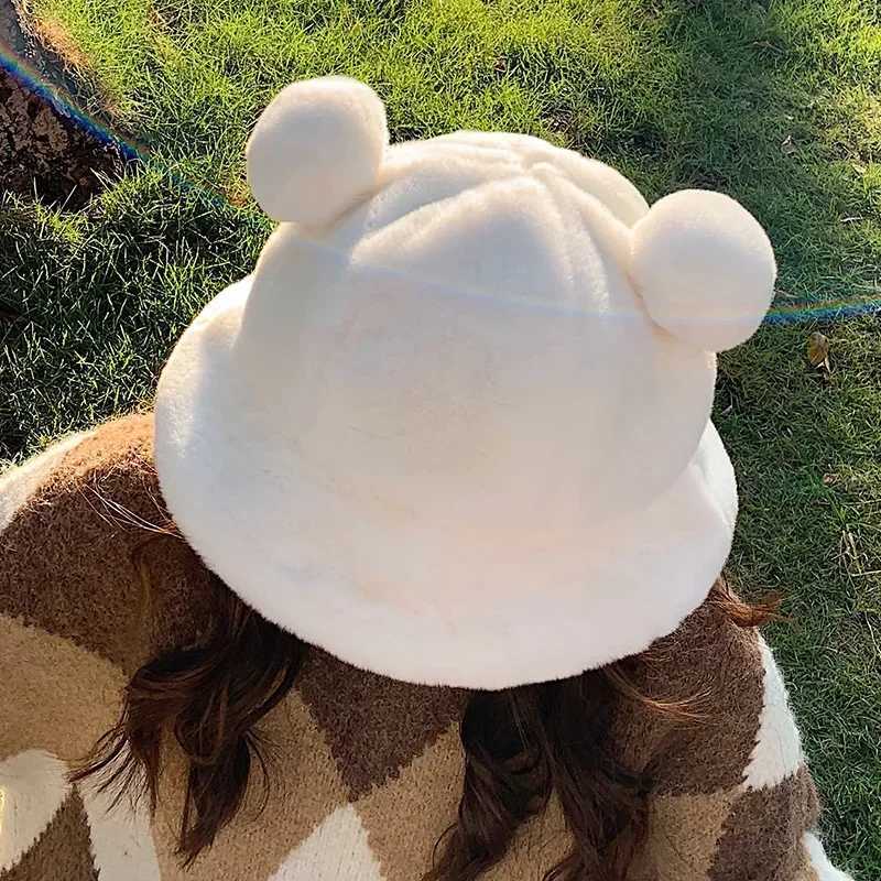 Cute autumn and winter leopard fur bucket hat bear ear ball plush fisherman hat soft thick basin hat sun protection bucket hat X241023