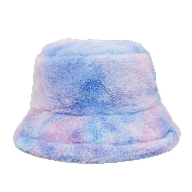 2023 Winter Tie Dye Artificial Fur Fluffy Thick Bucket Hat Warm Outdoor Keeping Warm Hat Soft Fishermans Hat Womens Fashion Panama Fem X241023