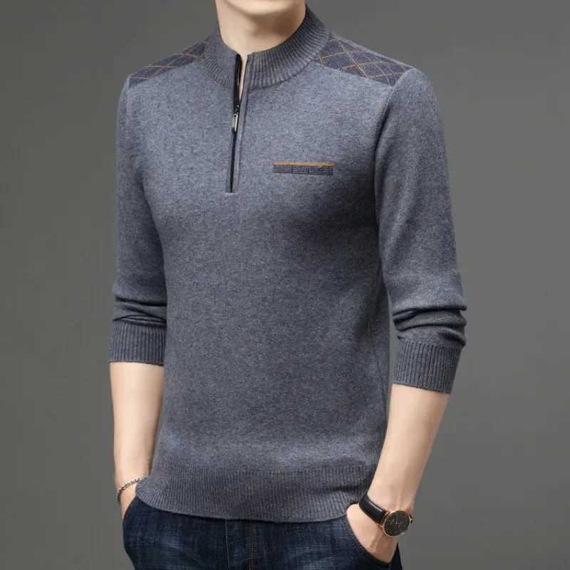 fall and winter New Mens Solid Color Half-high Neck Zipper Pullover Knit Sweater Fashion Casual Mens Warm Long-sleeved Sweater LX241024