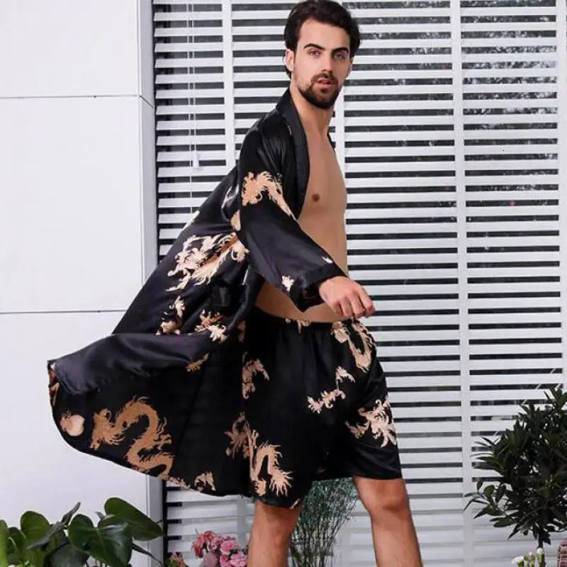 Large size 4XL 5XL mens satin robe set with dragon print 2PCS sleepwear silk sleepwear and robe set for mens casual kimono loose home wear 241023