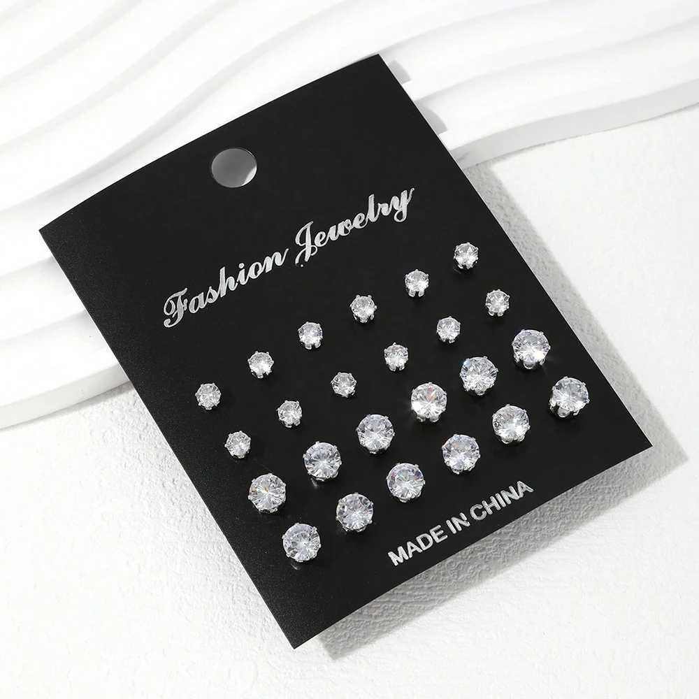 Up to 12 pairs of shiny zircon stud earrings set suitable for women daily fashion silver crystal earrings W241023