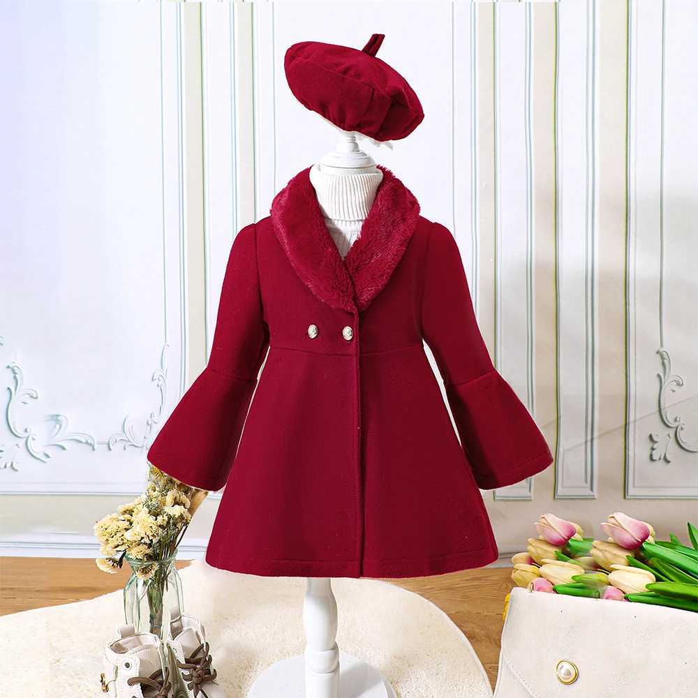 Girls autumn and winter new patch work fur collar solid color fur coat+beret W241023