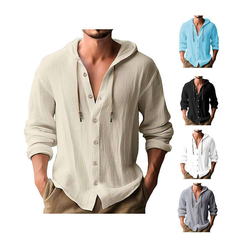 Cross border 2024 new spring/summer men's hooded T-shirt solid color cotton linen men's casual long sleeved top