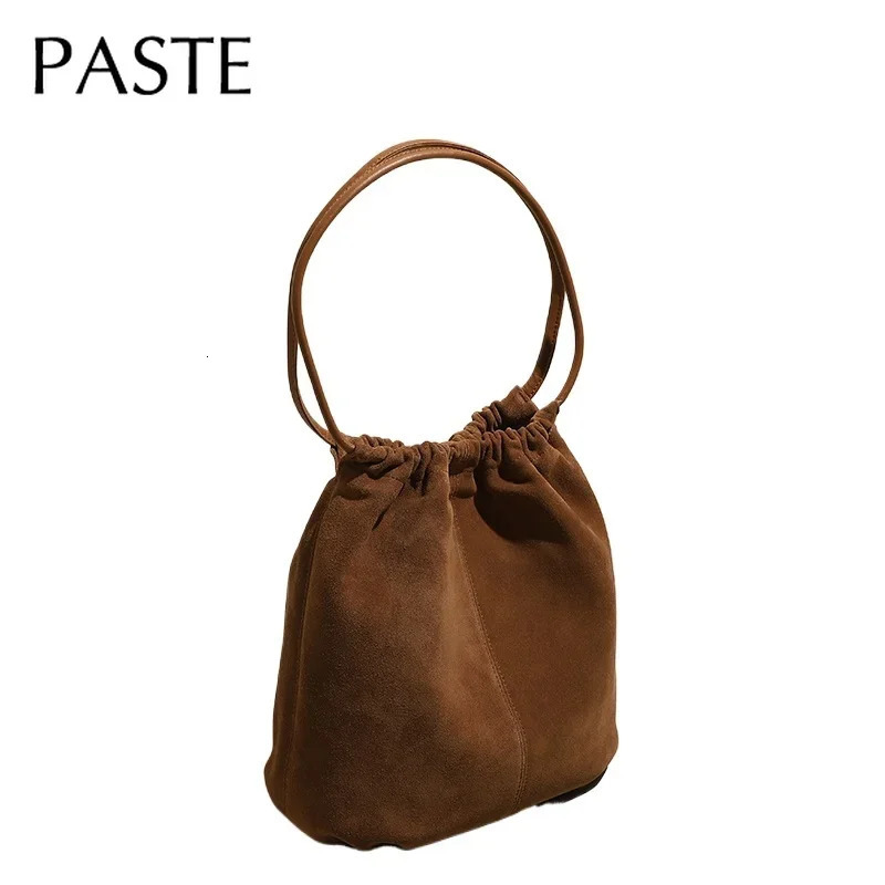 2025 Autumn Winter Simple Ruched Bucket Tote Coffee Color Matte Suede Cow Leather Women Handbag Rope Strap Shoulder Bag 241021