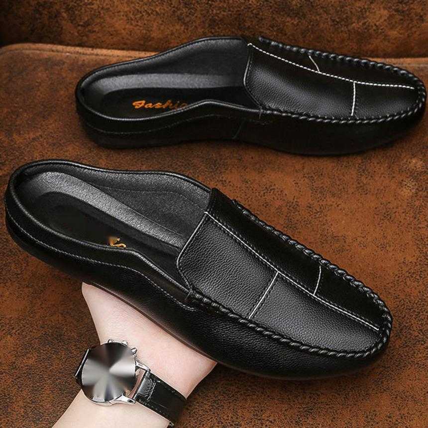 Men Dress Shoes Summer British Bean Shoes Mens Half Slippers Lazy One Step Leather Shoes No Back Heel Breathable Mens Casual Shoes 241009