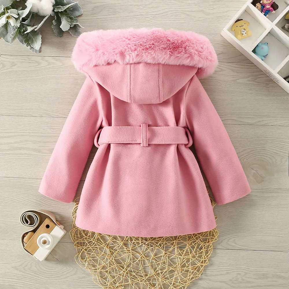 Autumn and winter new girl big wool collar hooded wool coat childrens cute solid bow wool coat W241023