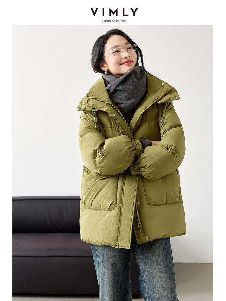 Vimly Womens Simple Hooded Zipper Duck Down Coat for Winter Lightweight and Warm Stand up Collar Long Sleeve Office Womens Clothing 241023