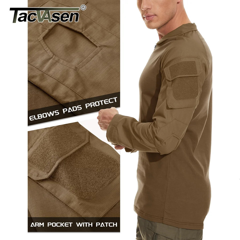 TACVASEN long sleeved 1/4 zipper slim fit T-shirt with pockets mens summer battle T-shirt cotton polyester training suit 241023