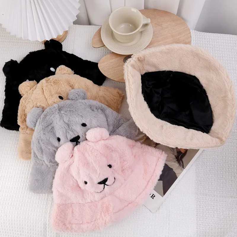 Plush Bear Fishermans Hat Fahsion Autumn/Winter Outdoor Warm and Cute Cartoon Bucket Hat Soft Velvet Hat X241023
