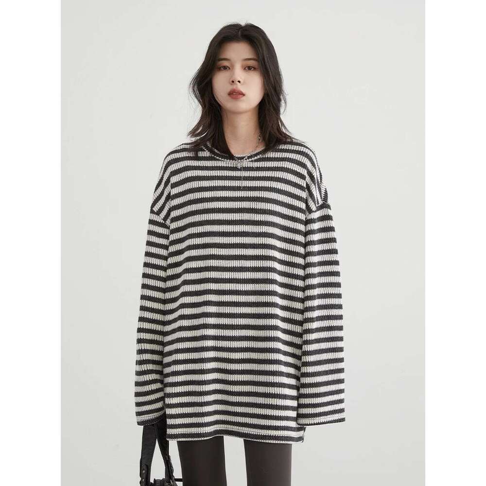 CHIC VEN Women T-Shirts Loose Casual New O Neck Knit Striped Long Sleeved Female Tees Oversized Woman Top Spring Autumn 2024