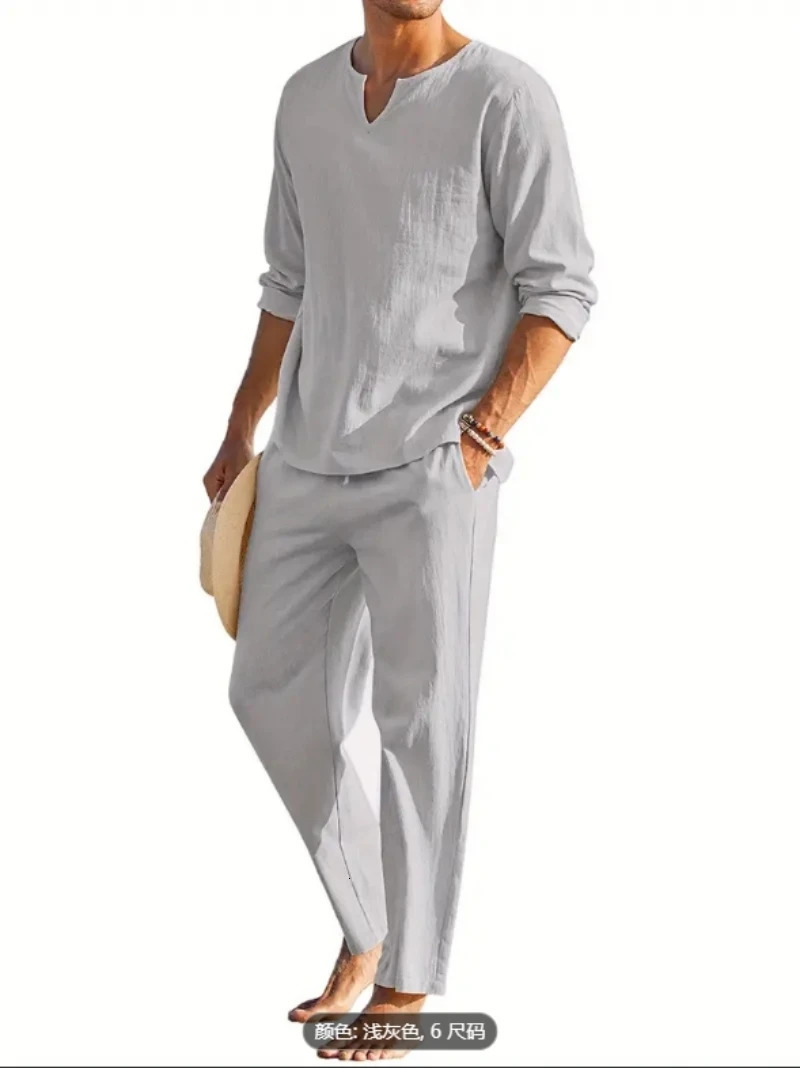 Mens autumn collection mens round neck Plus V solid color long sleeved floral shirt casual sports pants high-quality two-piece style 241024