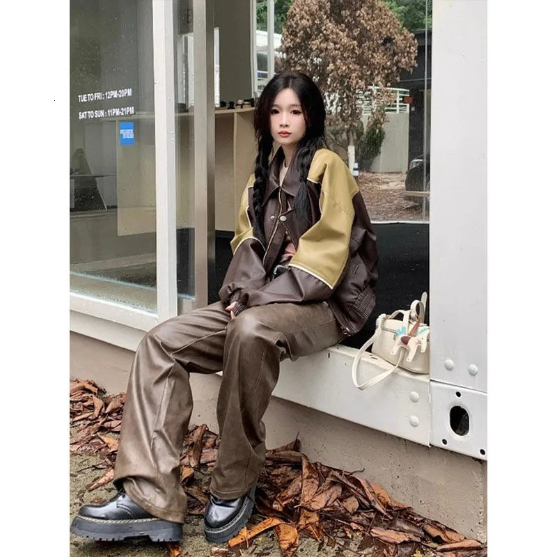 American Retro Splicing Comparison Leather Jacket Womens Y2K Street Fashion Gothic Harajuku BF Sweet Cool Motorcycle Jacket 241024
