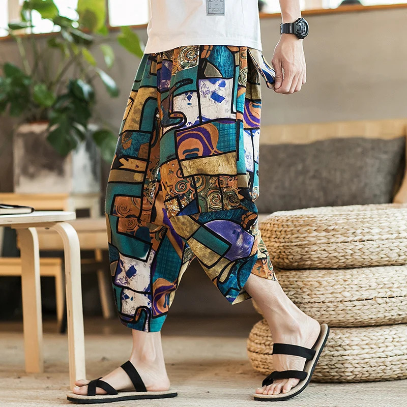 Summer Harajuku calf length casual mens pants wide leg cotton linen printed harem bag pants fashionable mens clothing 241024
