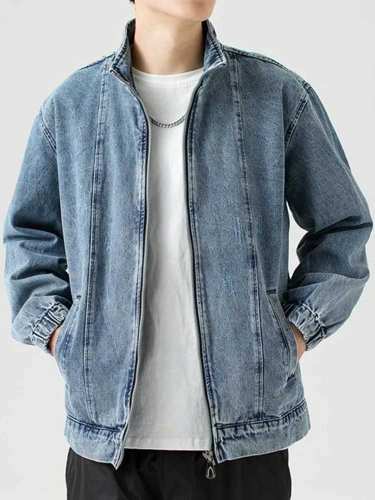 Stand Collar Denim Jacket Men Casual Autumn Zip Closure Jacket Coat Loose Baggy Blue Retro Jacket Men Fashion Clothing X2502131