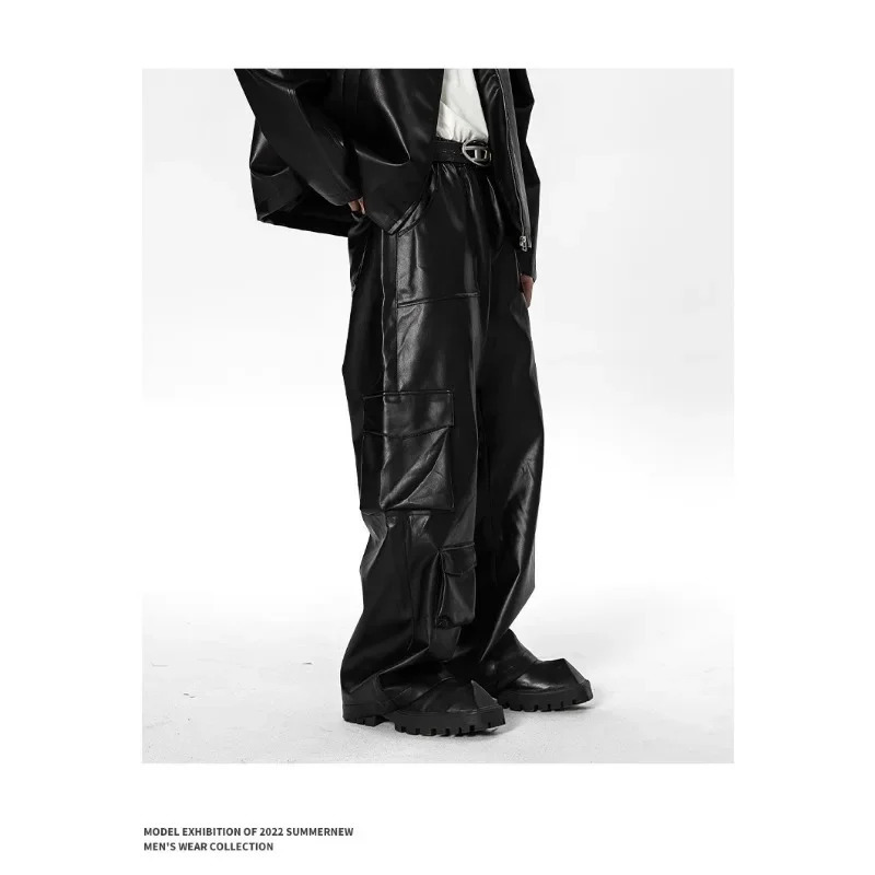 American hip-hop fried street punk leather pants mens spring and autumn style multi pocket cargo pants casual pants trend 241023