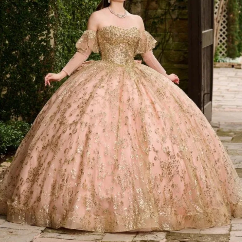Pink Shiny Ball Gown Quinceanera Dresses Off The Shoulder Gold Sequin Appliques Lace Bow Tull Sweet 16 Years Birthday Party Vestidos De 15 Anos