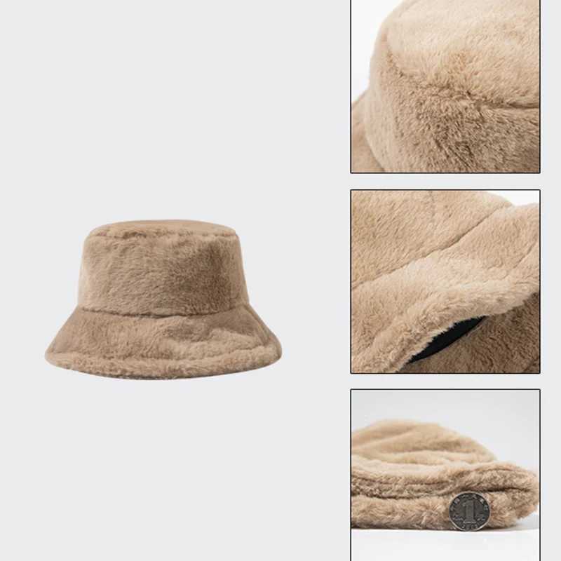 Soft winter plush warm bucket hat suitable for warm girls solid color foldable wide brown Panama hat outdoor windproof travel basin hat X2410231