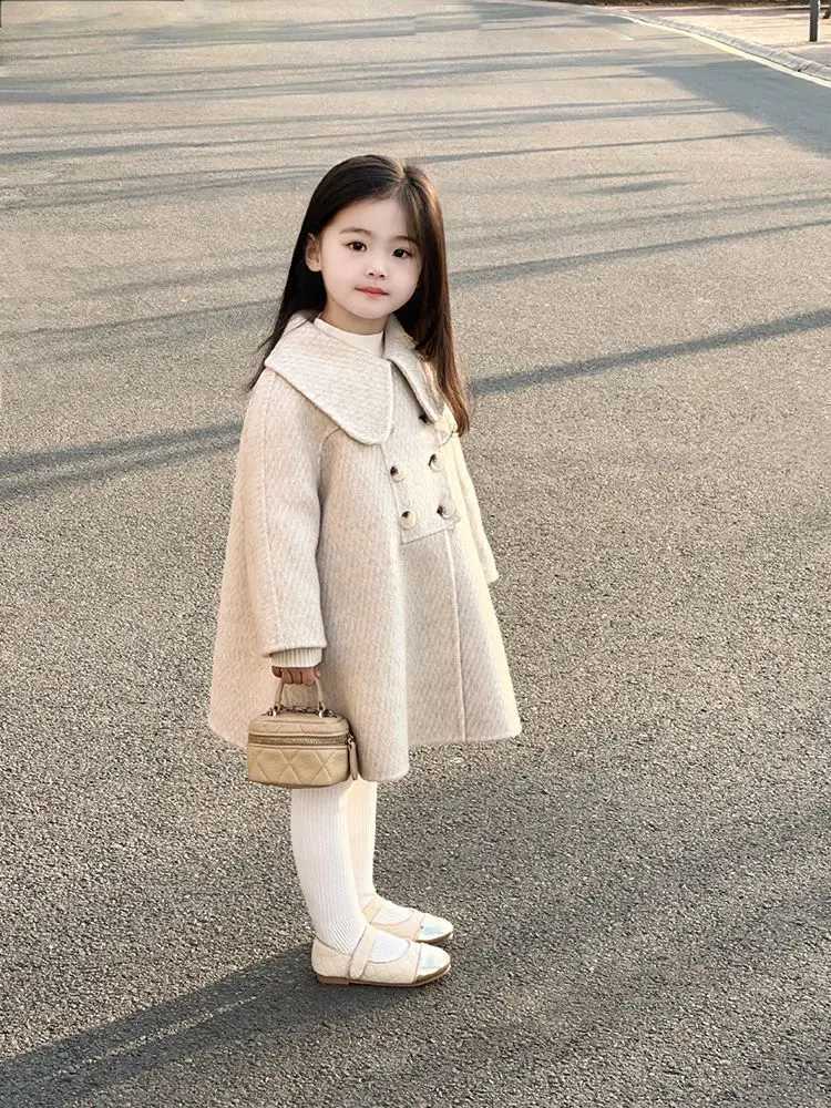 Korean childrens clothing girls wool coat autumn and winter new product baby slider doll collar medium length coat W241023