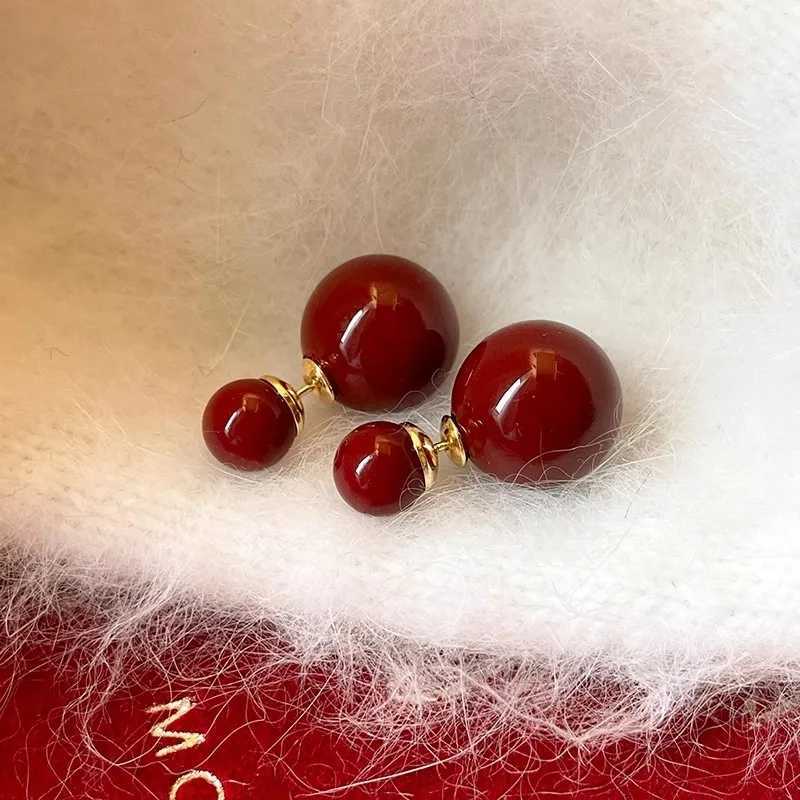 Vintage Fashion Double-sided Simulation Pearl Stud Earrings for Women Lucky Red Color Temperament Charm New Year Party JewelryX241023