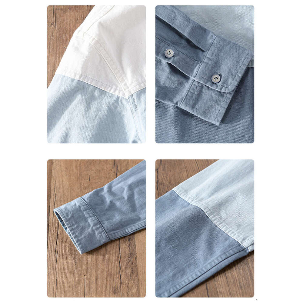 Contrast Color Patchworked Shirt Men Clothing Cotton Long Sleeve Spring Autumn Retro Cargo Casual Wear Pockets Fashion Loose