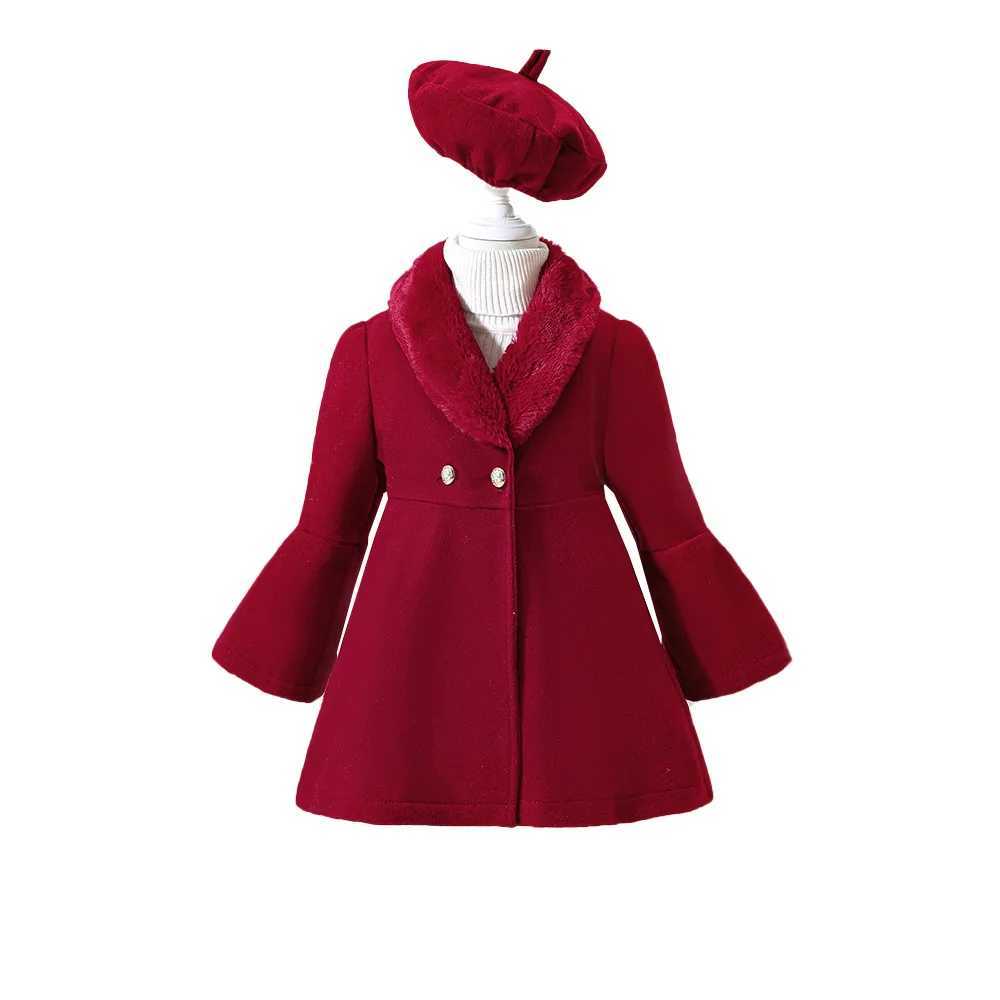 Childrens casual womens coat winter 2024 new style childrens fashion long sleeved fur collar infrared set lace coat with beret W241023