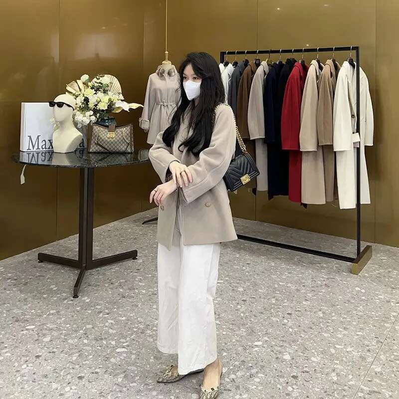 Rose Real Wool Coats Jackets Women Simple Versatile Cashmere Double Breasted High-Grade Woolen Coat Long Sleeves 2023