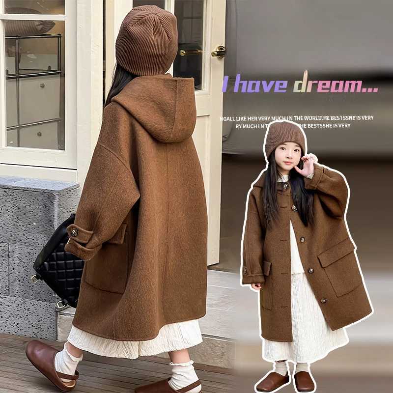 Autumn and winter girls coat double-sided wool coat childrens brown fashionable loose casual long coat youth clothing W241023