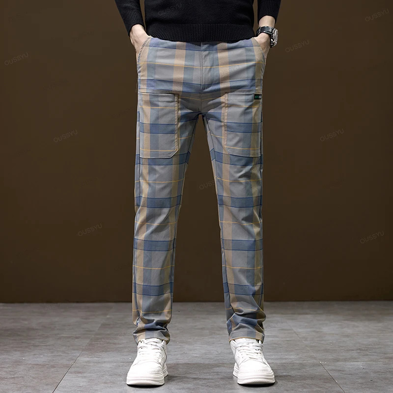 plain weave checkered pattern casual pants for men in autumn and winter with thick business elasticity and slim waist suitable for Korean pocket pants