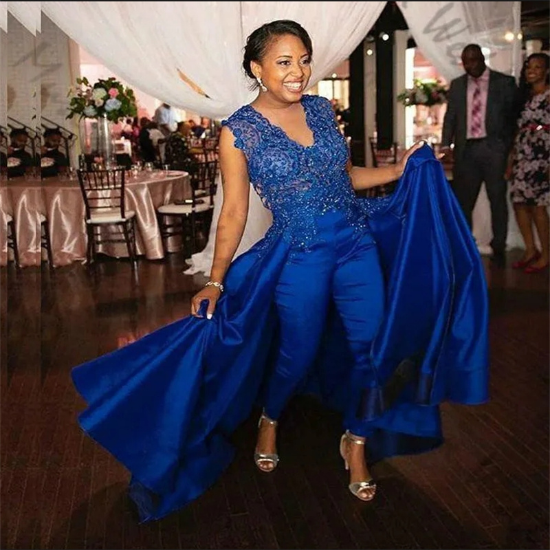 Charming Blue Jumpsuit Evening Dress With Overskirt Train 2025 Black Girls Beaded Lace Prom Dresses Plus Size Arabic Formal Occasion Birthday Party Pa