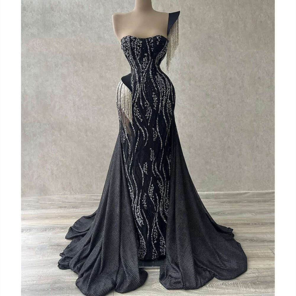 Black Mermaid Evening Bateau Sleeveless Sequins Beaded 3D Lace One Shoulder Tassel Side SlitAppliques Prom Dresses Gowns