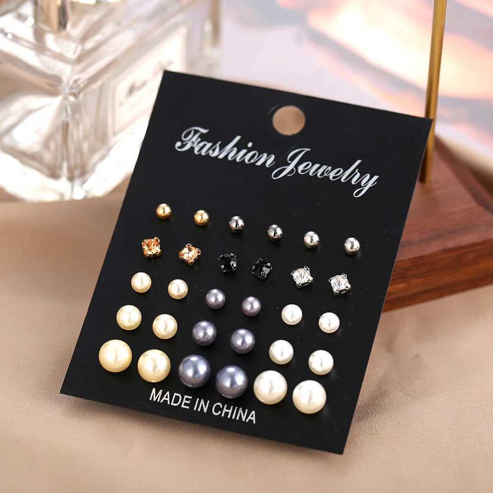 New Earrings Fashion Simple Artificial Pearl Jewelry Embedded Rhinestone Earrings Set 15 Pairs Of Earrings Female E7112X241023